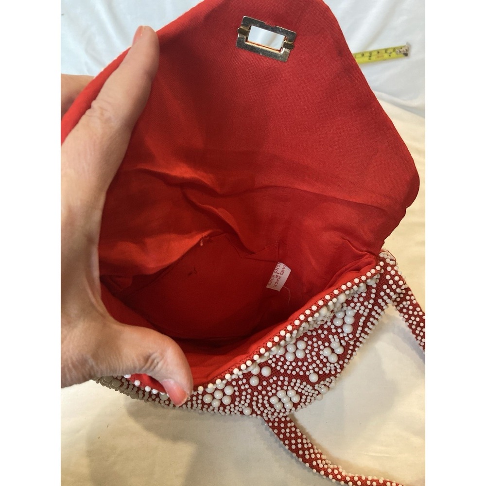 Vintage 1960s 70s Handmade Hong Kong Beaded Shoulder Bag Red White Floral Mod - Picture 8 of 9